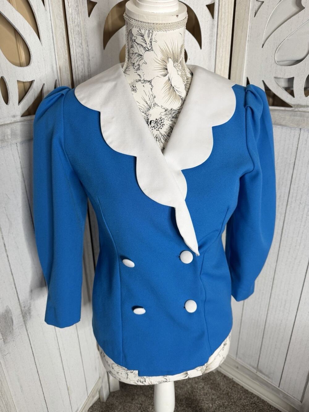 Vintage Blue Blazer Scalloped White Collar Jacket 80s Double Button Size Small